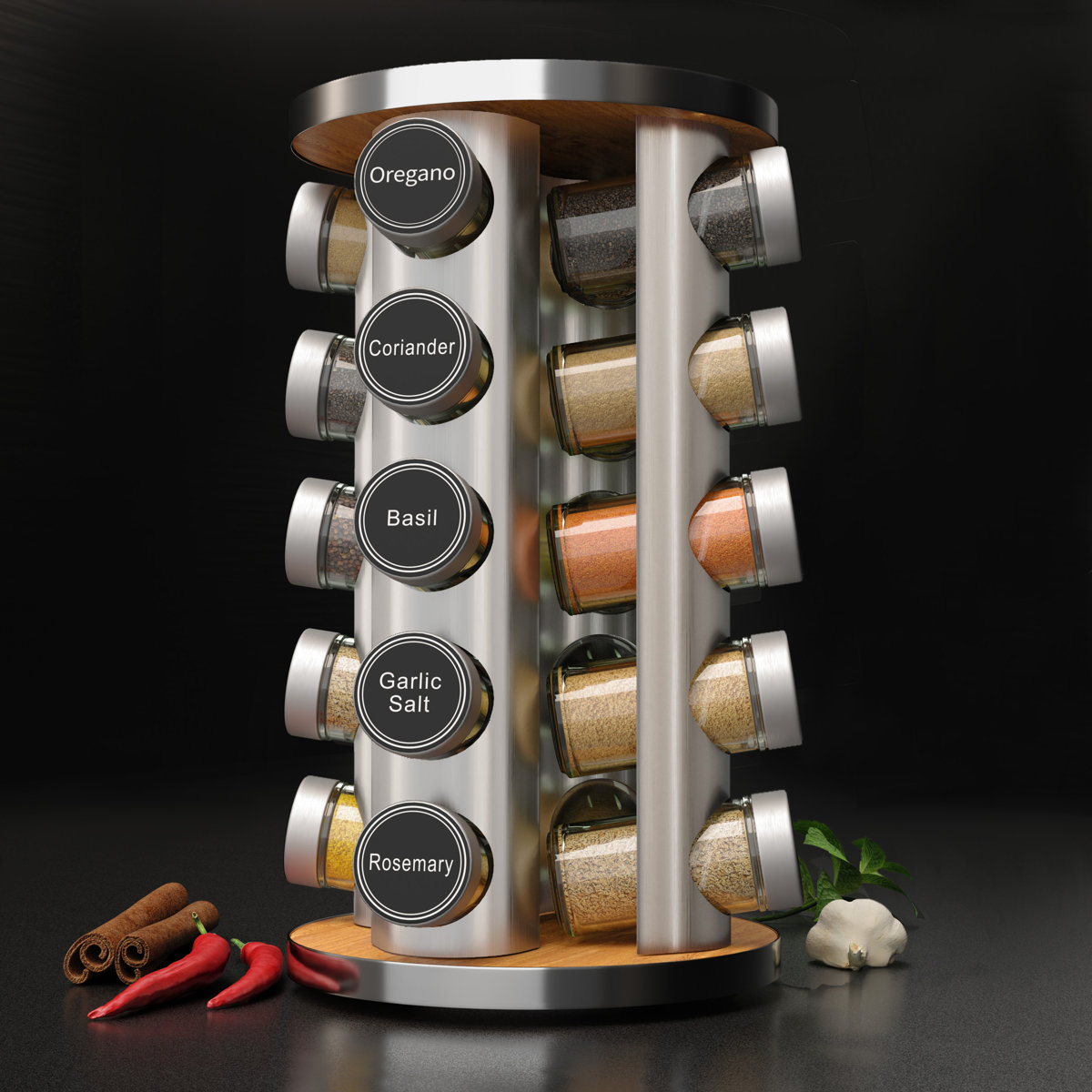 Revolving Spice Rack with 20 Jars and 386 Labels, Countertop and Cabinet Spice Tower Organizer